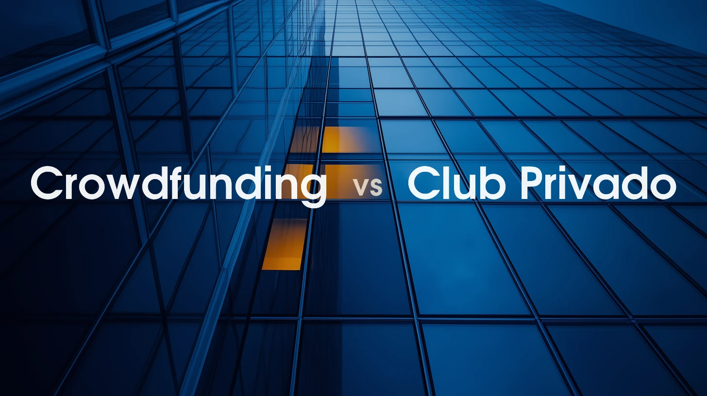 Composición visual que contrapone una multitud de puntos con una figura geométrica central, representando crowdfunding frente a club privado